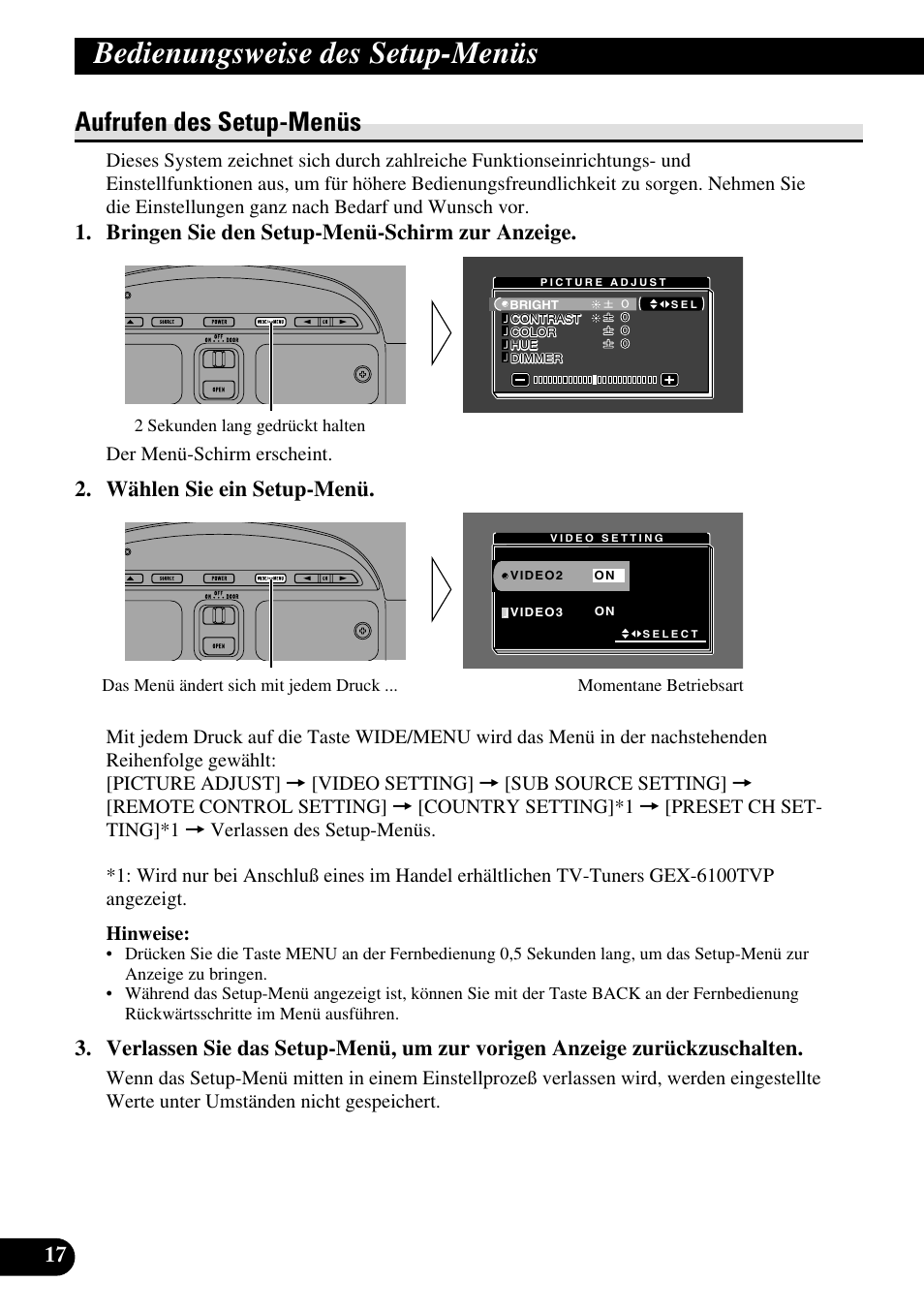 Bedienungsweise des, Setup-menüs, Aufrufen des setup-menüs | Bedienungsweise des setup-menüs, Bringen sie den setup-menü-schirm zur anzeige, Wählen sie ein setup-menü | Pioneer AVR-W6100 User Manual | Page 86 / 104