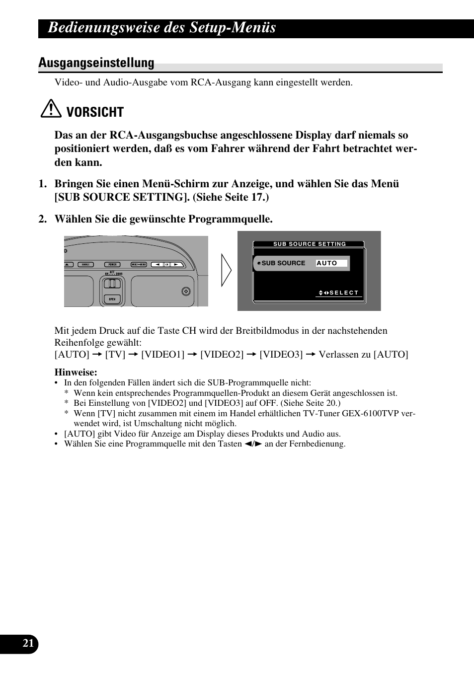 Ausgangseinstellung, Bedienungsweise des setup-menüs, Vorsicht | Pioneer AVR-W6100 User Manual | Page 90 / 104