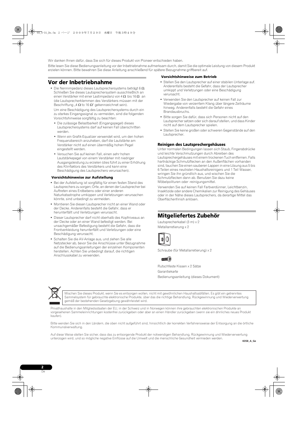 Vor der inbetriebnahme, Mitgeliefertes zubehör | Pioneer S-31-LR-QL User Manual | Page 10 / 58