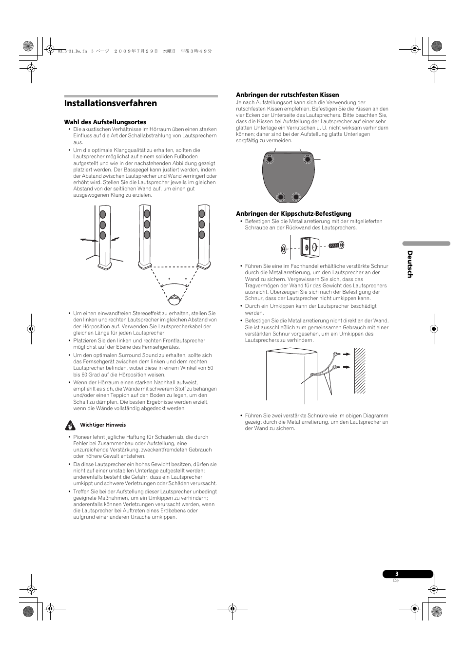 Installationsverfahren | Pioneer S-31-LR-QL User Manual | Page 11 / 58