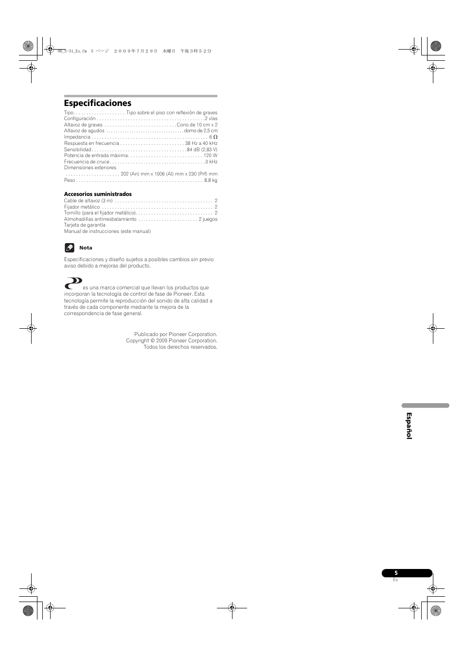 Especificaciones | Pioneer S-31-LR-QL User Manual | Page 25 / 58