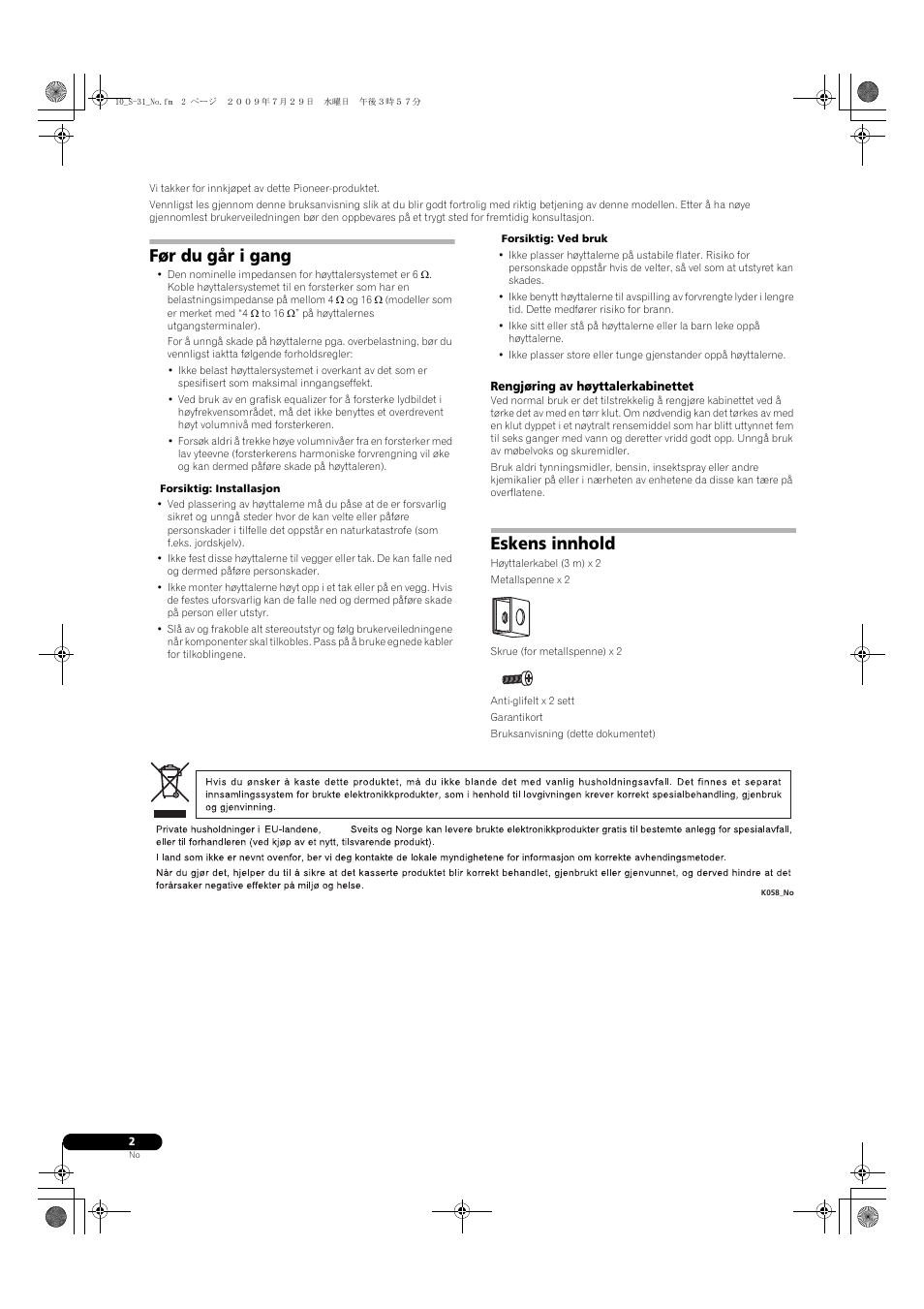 Før du går i gang, Eskens innhold | Pioneer S-31-LR-QL User Manual | Page 38 / 58