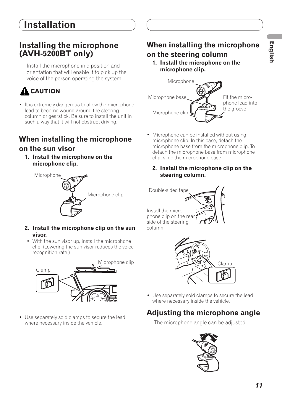 Installing the microphone, Avh-5200bt only), When installing the microphone | On the sun visor, On the steering column, Adjusting the microphone angle, Installation, Installing the microphone (avh-5200bt only), When installing the microphone on the sun visor | Pioneer AVH-5200BT User Manual | Page 11 / 64