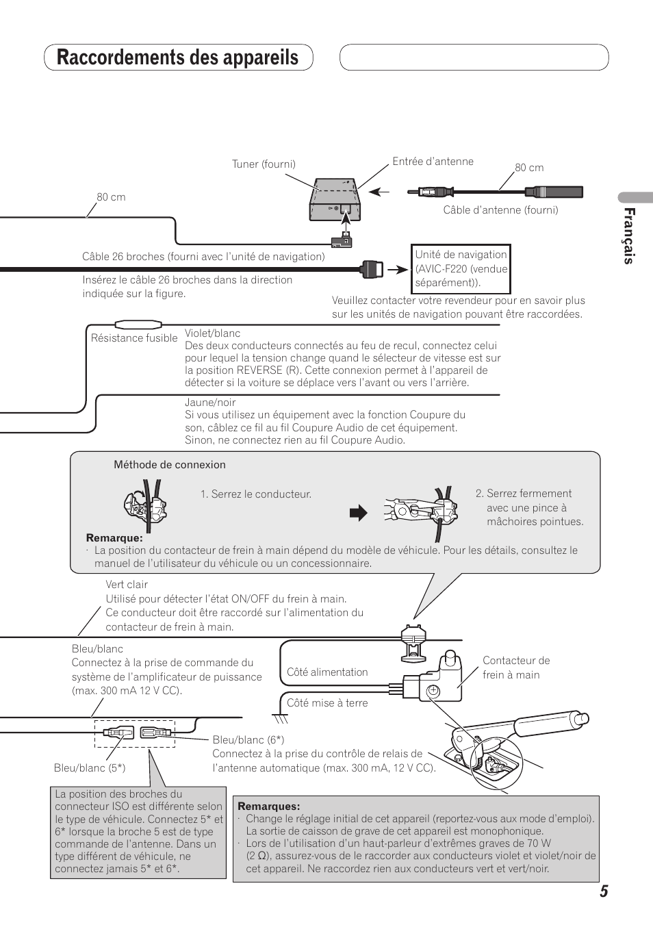 Raccordements des appareils, Branchement du cordon d’alimentation | Pioneer AVH-5200BT User Manual | Page 15 / 64