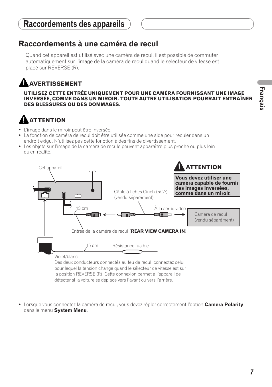 Raccordements à une caméra de recul, Raccordements des appareils | Pioneer AVH-5200BT User Manual | Page 17 / 64
