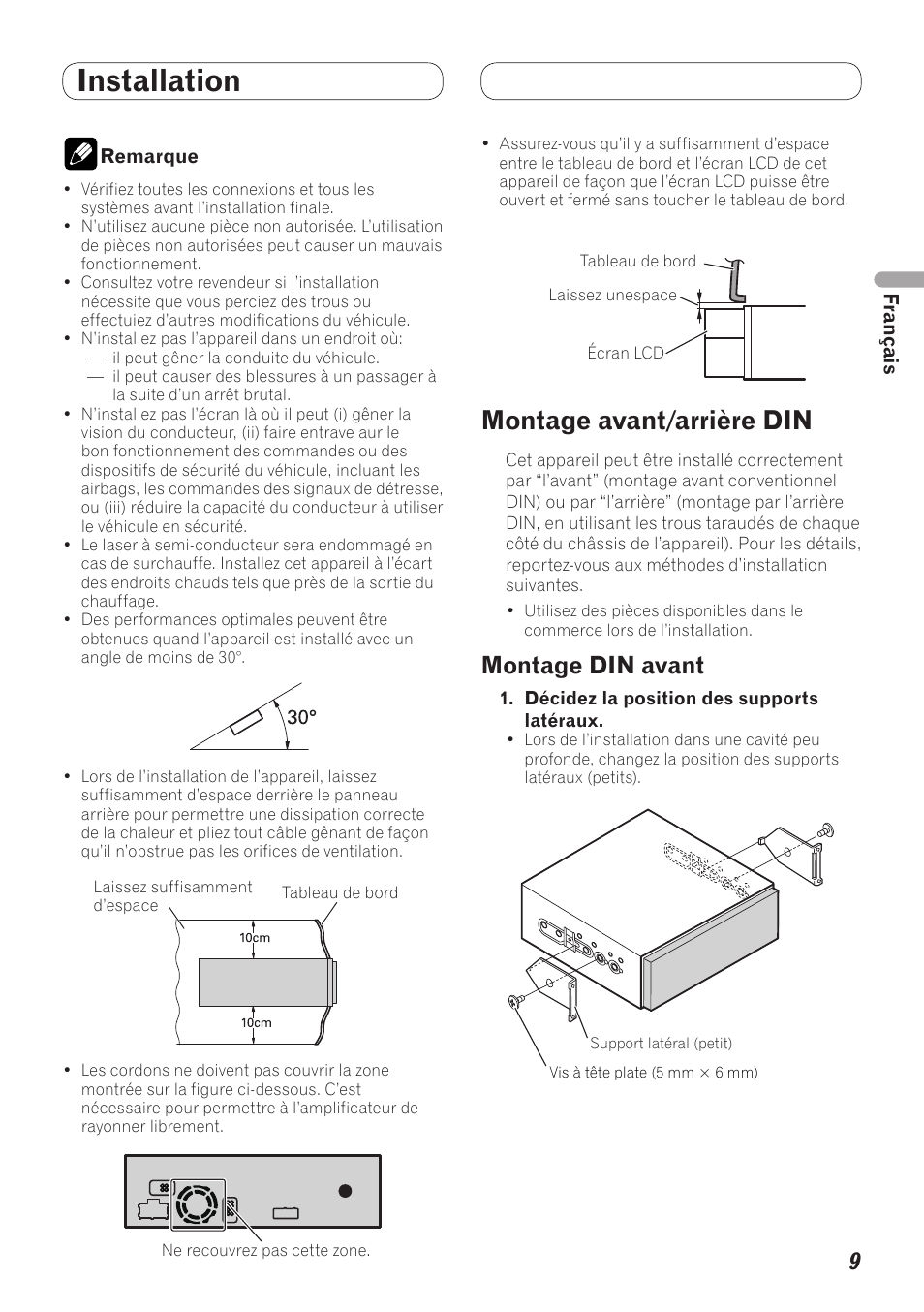 Installation, Montage avant/arrière din, Montage din avant | Pioneer AVH-5200BT User Manual | Page 19 / 64