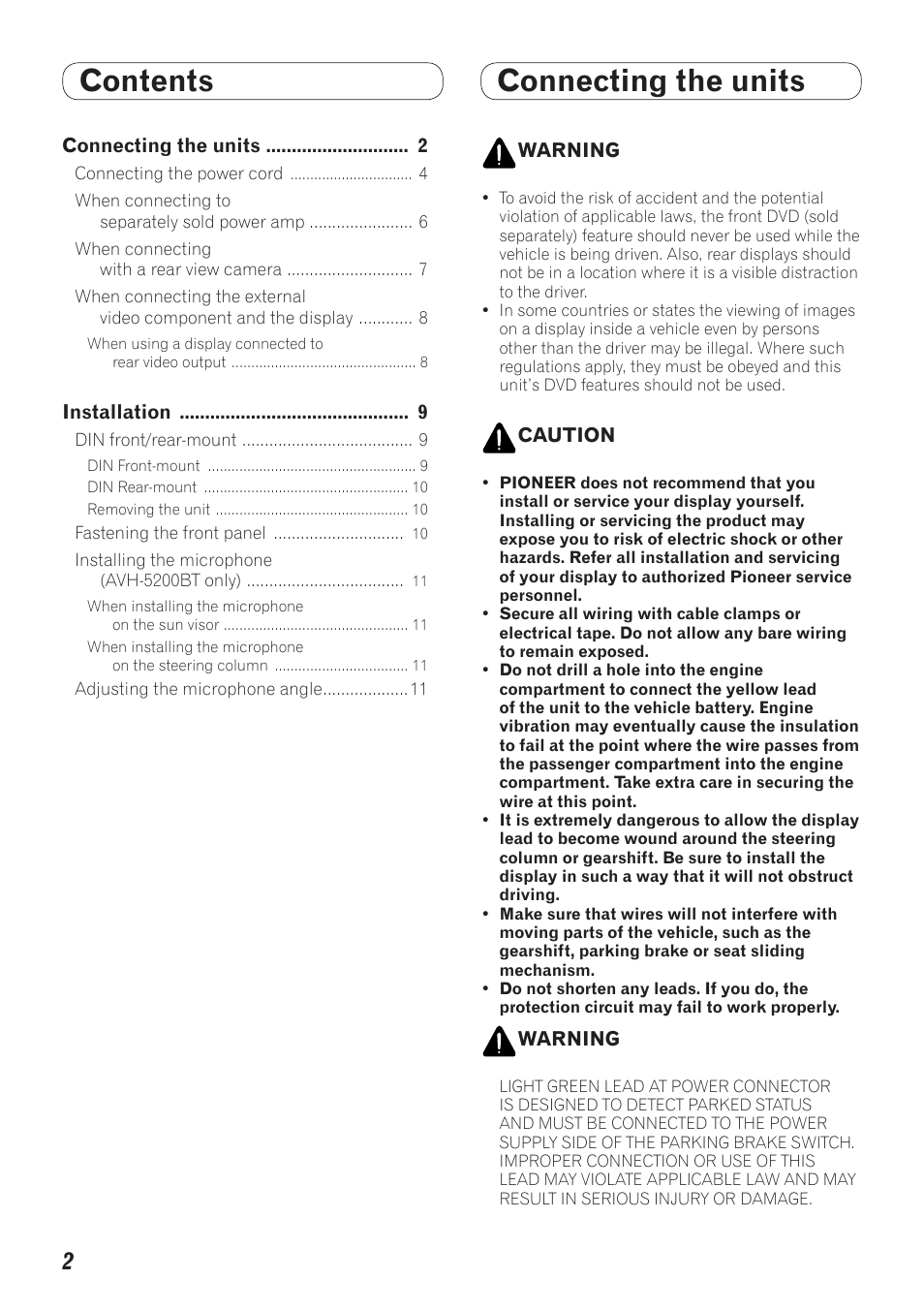 Contents connecting the units | Pioneer AVH-5200BT User Manual | Page 2 / 64