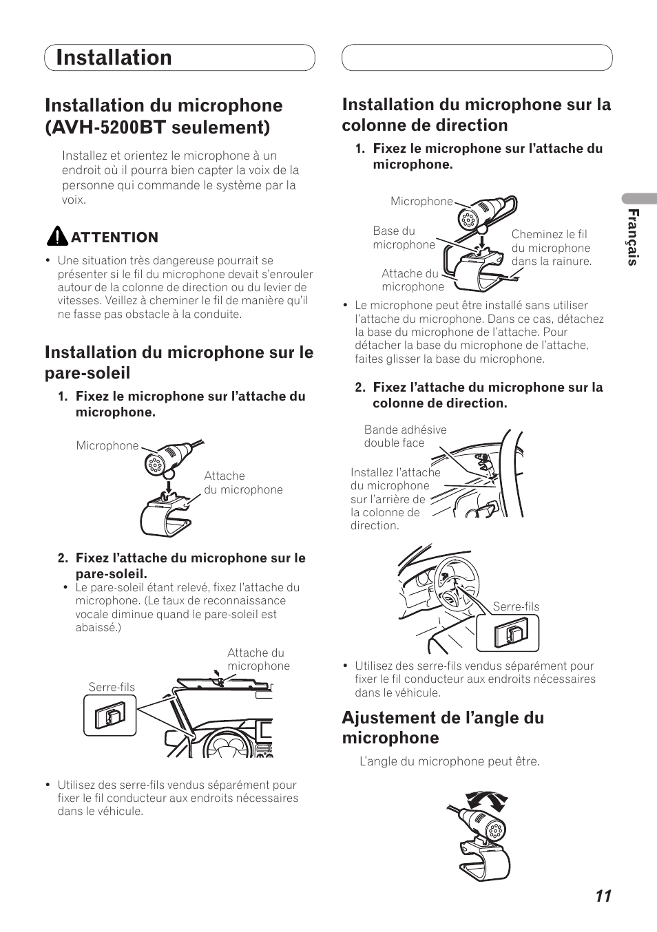 Installation du microphone (avh-5200bt, Seulement), Direction | Ajustement de l’angle du microphone, Installation, Installation du microphone (avh-5200bt seulement), Installation du microphone sur le pare-soleil | Pioneer AVH-5200BT User Manual | Page 21 / 64