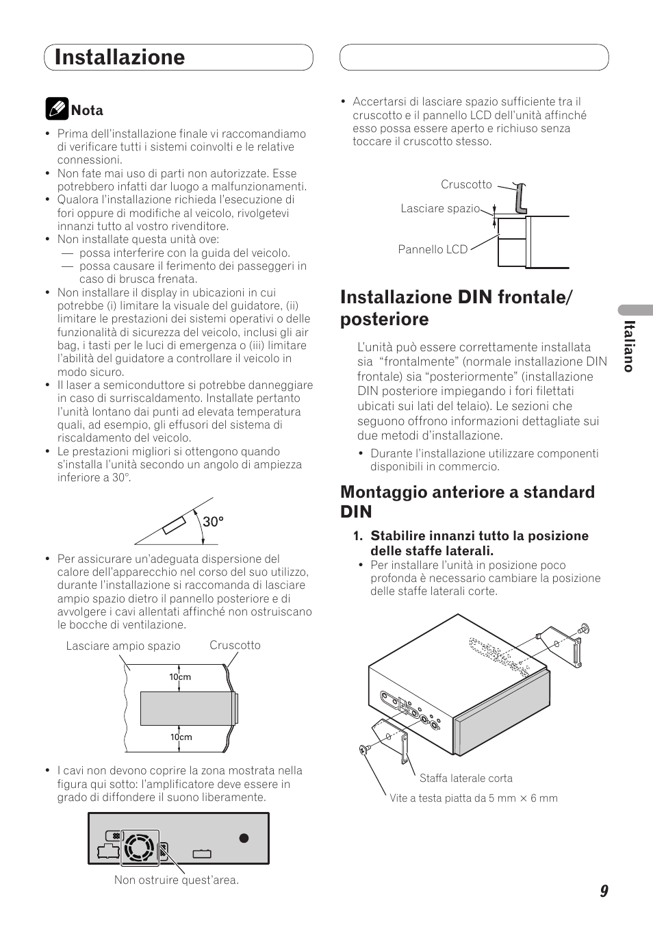 Installazione, Installazione din frontale/posteriore, Montaggio anteriore a standard din | Installazione din frontale/ posteriore | Pioneer AVH-5200BT User Manual | Page 29 / 64