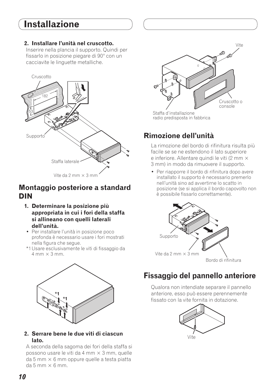 Fissaggio del pannello anteriore, Installazione, Montaggio posteriore a standard din | Rimozione dell’unità | Pioneer AVH-5200BT User Manual | Page 30 / 64