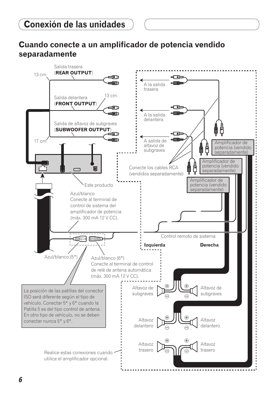 Cuando conecte a un amplificador de, Potencia vendido separadamente, Conexión de las unidades | Pioneer AVH-5200BT User Manual | Page 36 / 64