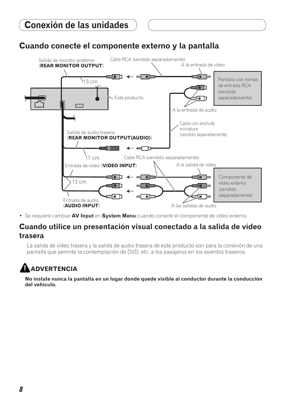 Cuando conecte el componente externo, Y la pantalla, Cuando utilice un presentación visual | Conectado a la salida de vídeo trasera, Conexión de las unidades, Cuando conecte el componente externo y la pantalla | Pioneer AVH-5200BT User Manual | Page 38 / 64