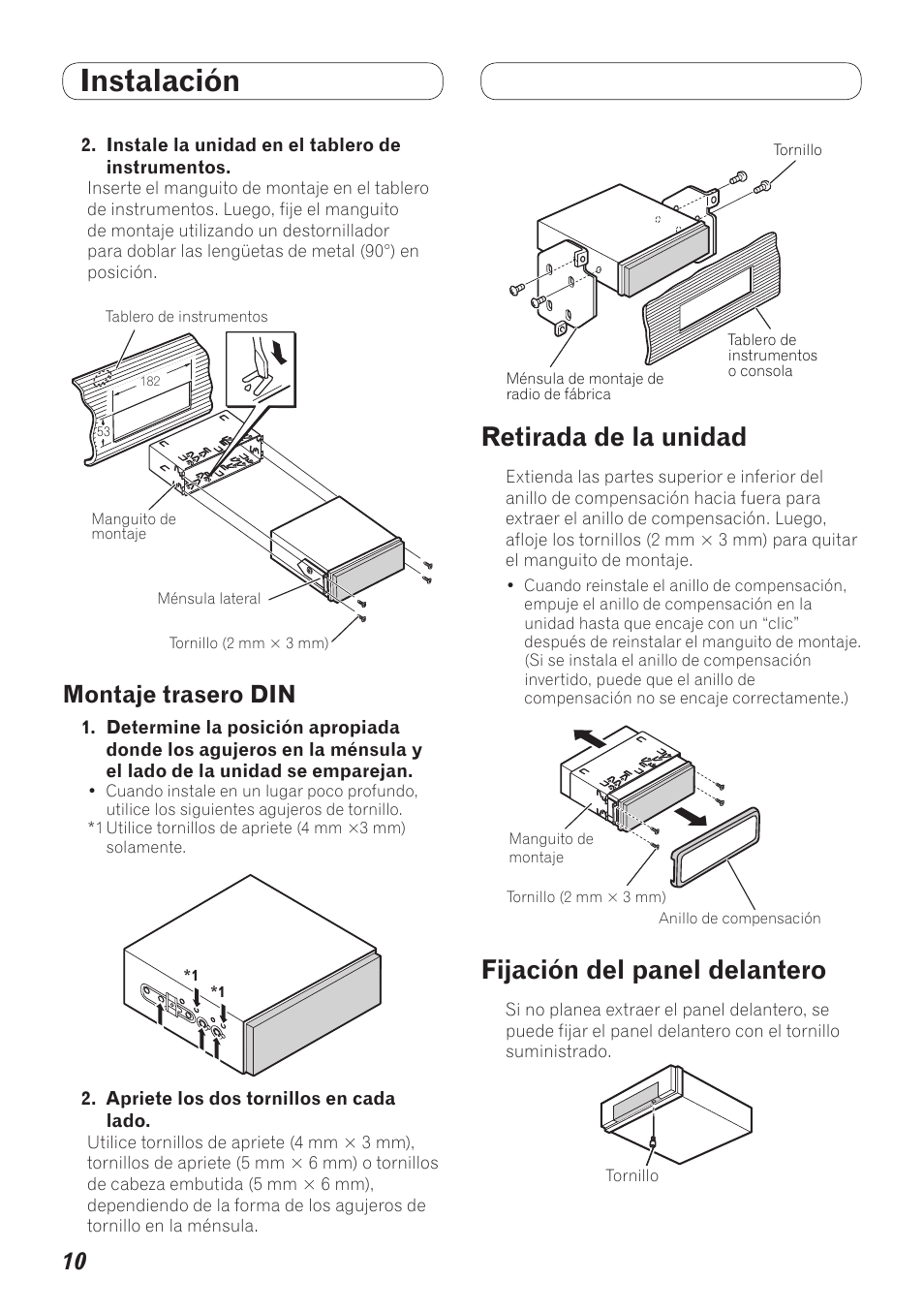 Montaje trasero din, Retirada de la unidad fijación del panel delantero, Instalación | Retirada de la unidad, Fijación del panel delantero | Pioneer AVH-5200BT User Manual | Page 40 / 64