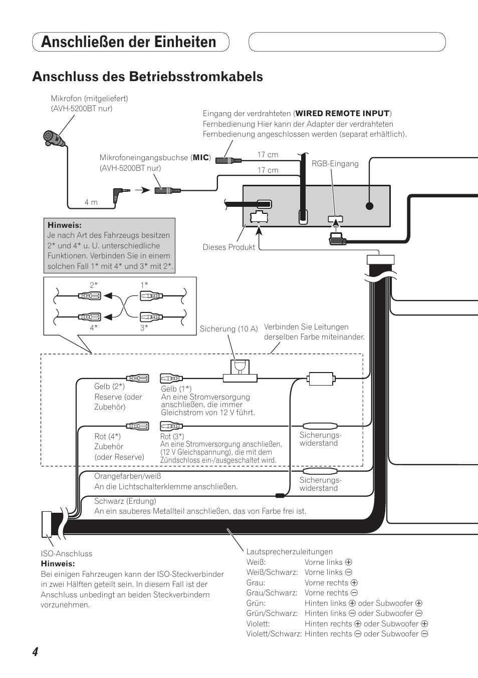 Anschluss des betriebsstromkabels, Anschließen der einheiten | Pioneer AVH-5200BT User Manual | Page 44 / 64