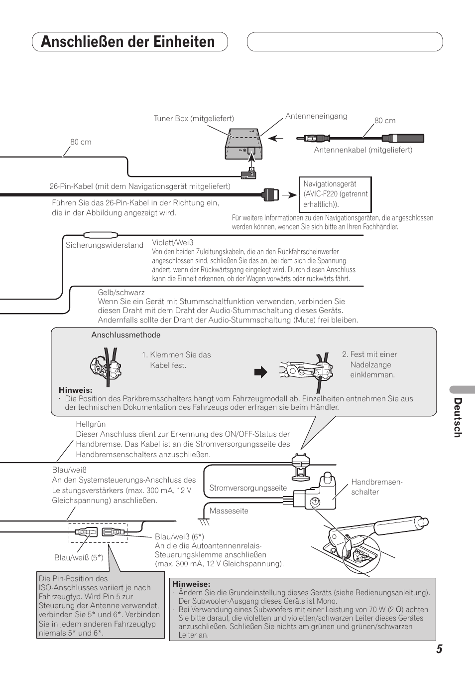 Anschließen der einheiten, Anschluss des betriebsstromkabels | Pioneer AVH-5200BT User Manual | Page 45 / 64