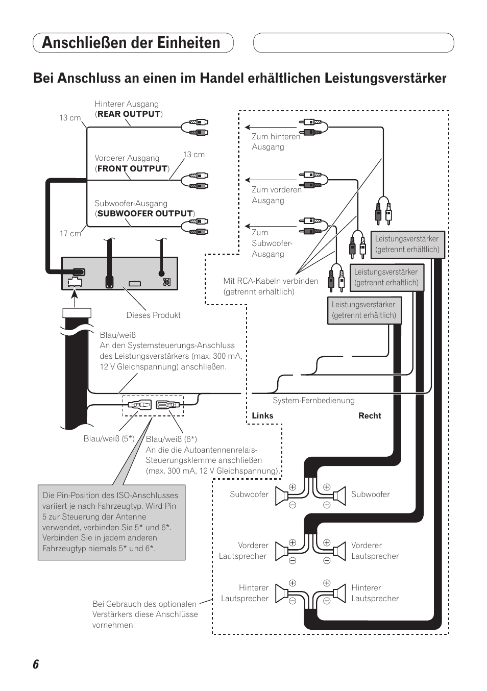 Bei anschluss an einen im handel, Erhältlichen leistungsverstärker, Anschließen der einheiten | Pioneer AVH-5200BT User Manual | Page 46 / 64