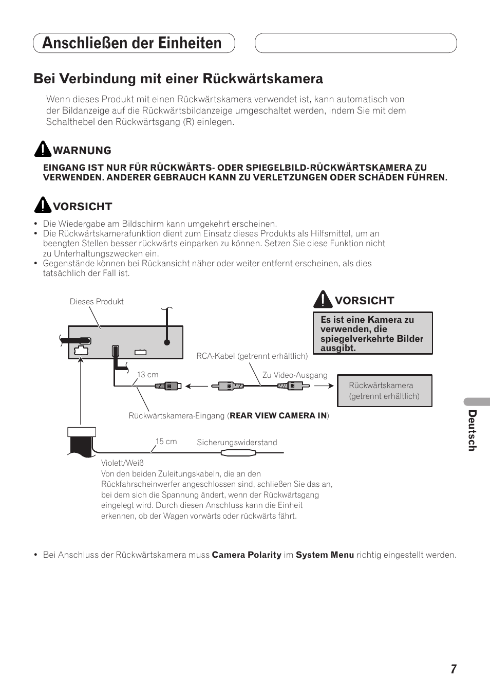 Bei verbindung mit einer, Rückwärtskamera, Anschließen der einheiten | Bei verbindung mit einer rückwärtskamera | Pioneer AVH-5200BT User Manual | Page 47 / 64