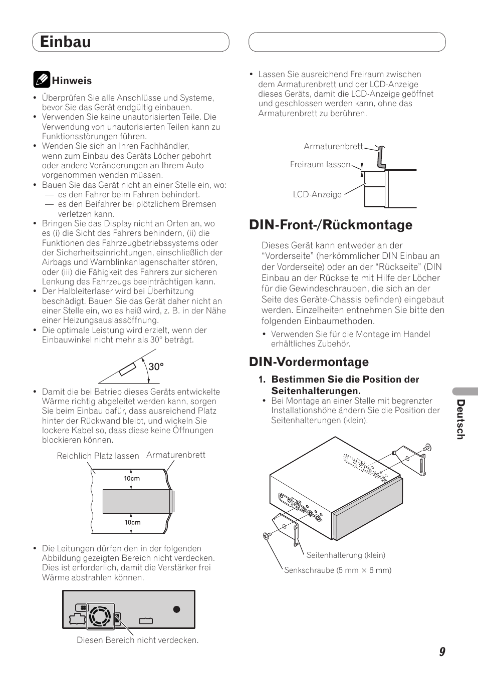 Einbau, Din-front-/rückmontage, Din-vordermontage | Pioneer AVH-5200BT User Manual | Page 49 / 64