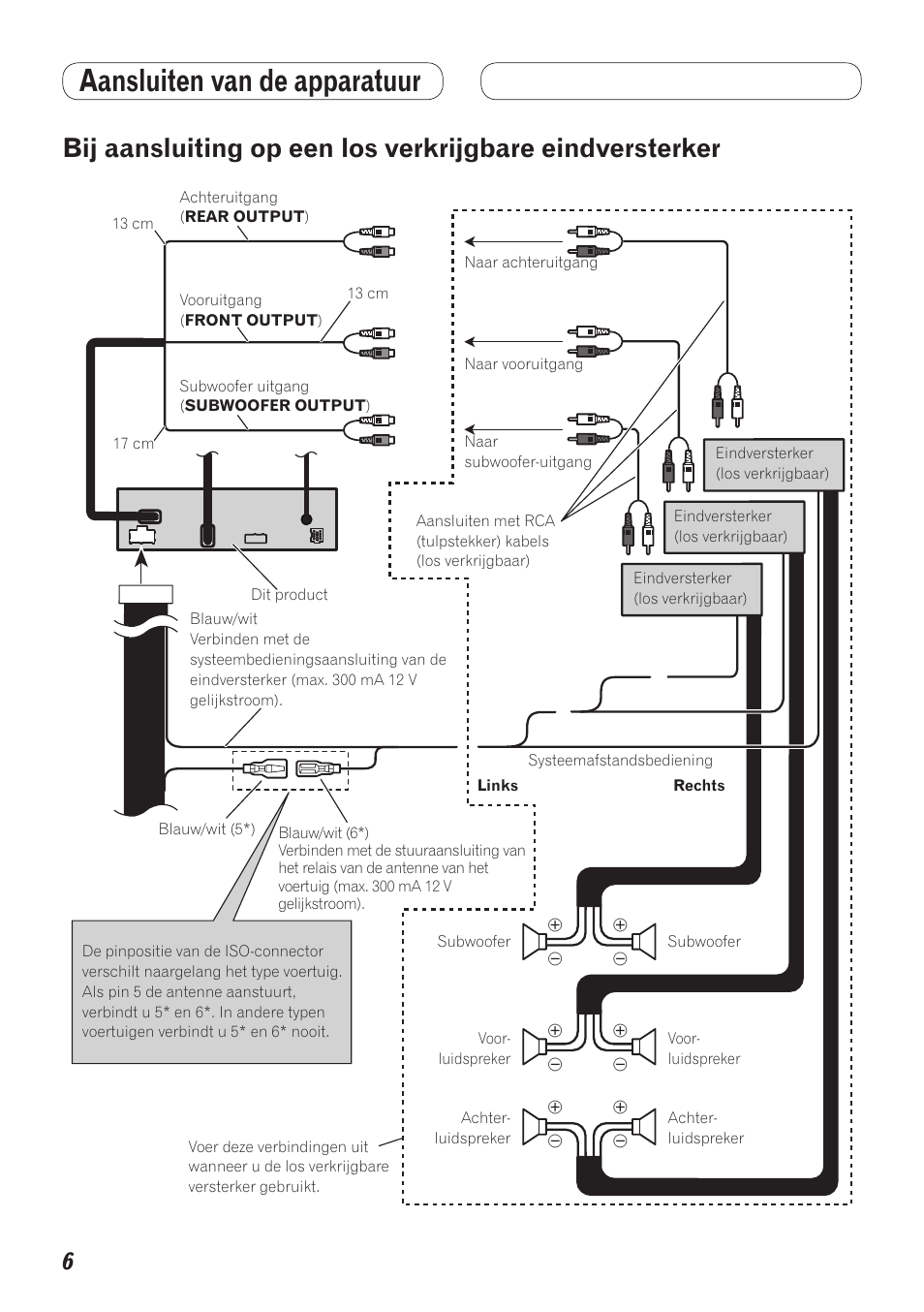 Bij aansluiting op een los verkrijgbare, Eindversterker, Aansluiten van de apparatuur | Pioneer AVH-5200BT User Manual | Page 56 / 64