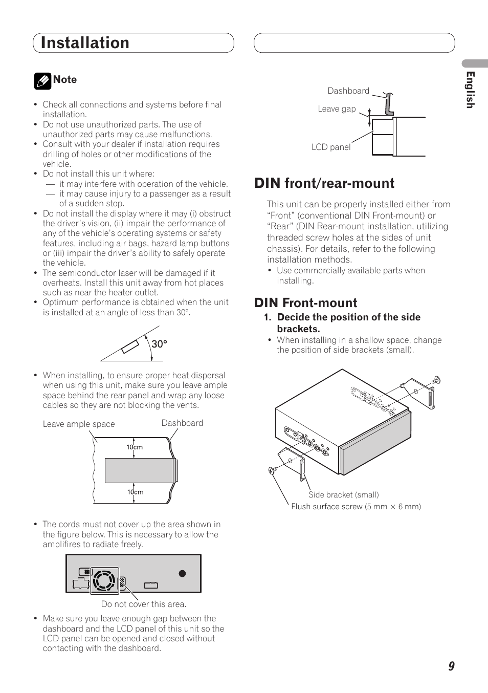 Installation, Din front/rear-mount, Din front-mount | Pioneer AVH-5200BT User Manual | Page 9 / 64