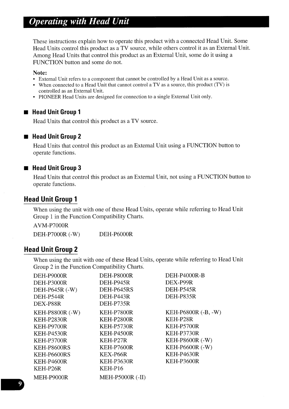 Operating with head unit, Note, Head unit group 1 | Head unit group 2, Head unit group 3 | Pioneer GEX-P7000TVP User Manual | Page 10 / 116