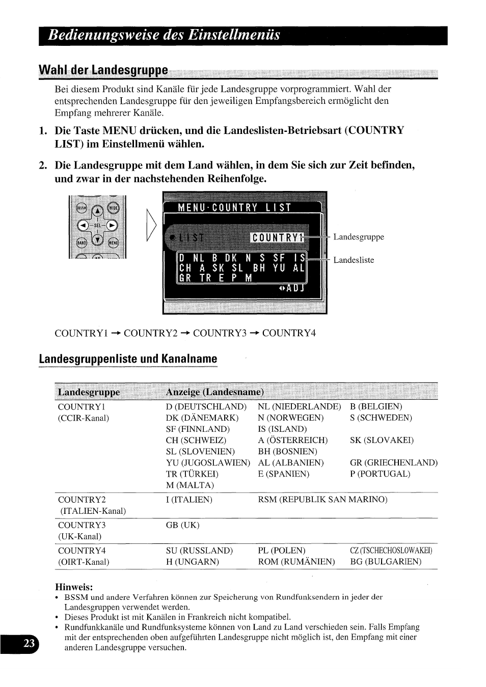 Wahl der landesgruppe, Landesgruppenliste und kanalname, Hinweis | Bedienungsweise des einstellmenüs | Pioneer GEX-P7000TVP User Manual | Page 100 / 116