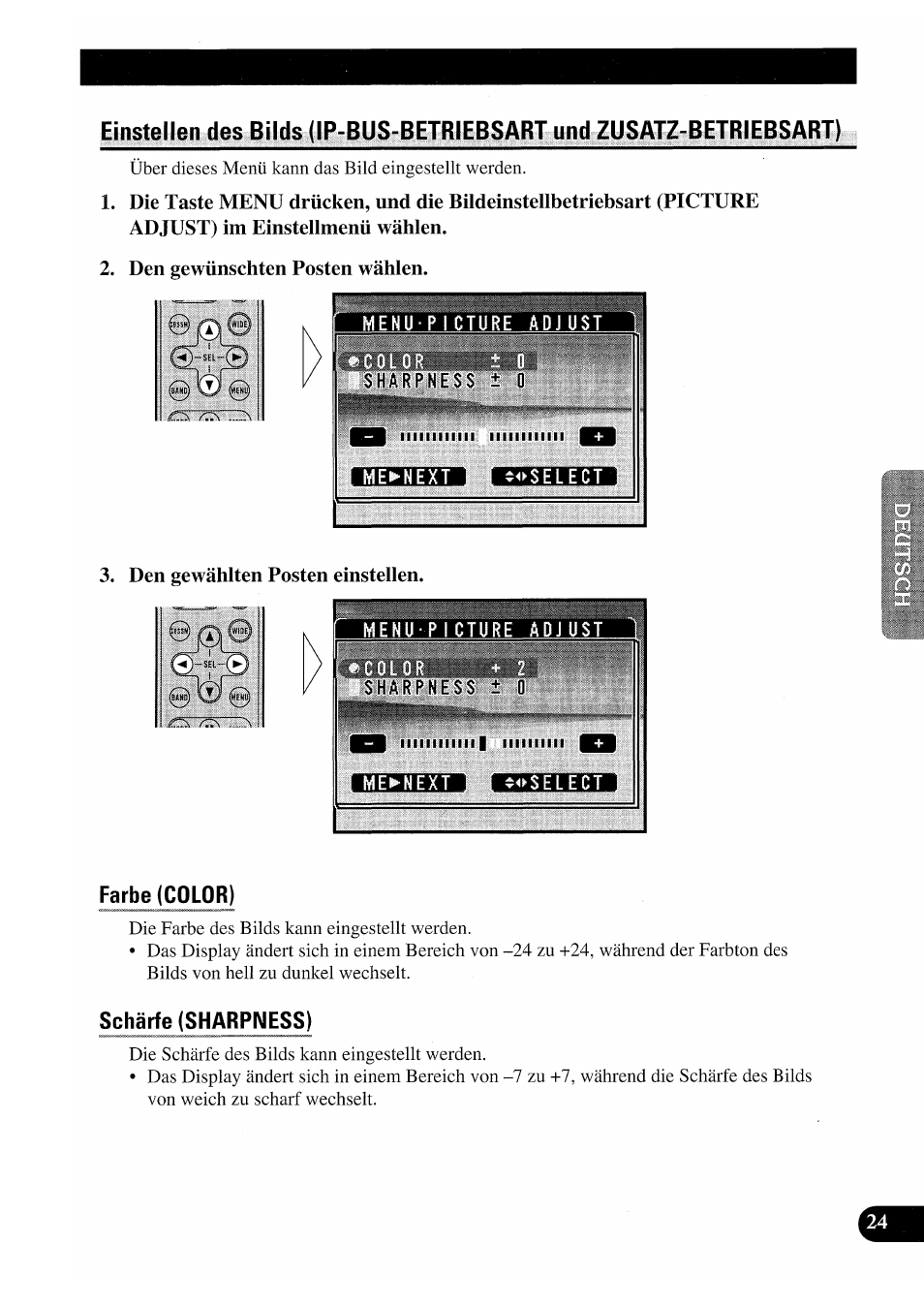 Den gewünschten posten wählen, Den gewählten posten einstellen, Farbe (color) | Schärfe (sharpness) | Pioneer GEX-P7000TVP User Manual | Page 101 / 116