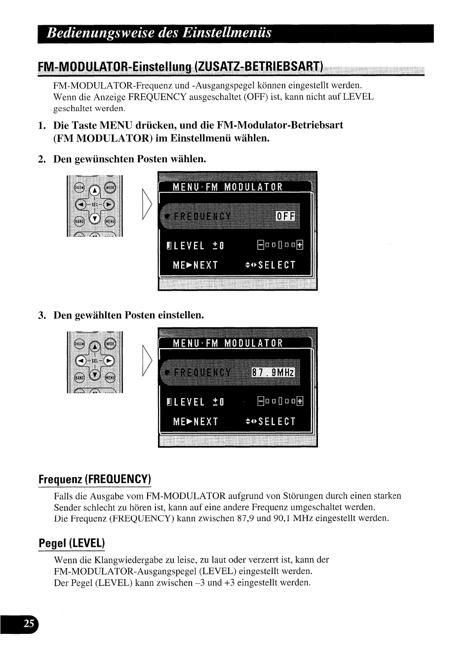 Fm-modulator-einstellung (zusatz-betriebsart), Den gewünschten posten wählen, Frequenz (frequency) | Pegel (level), Bedienungsweise des einstellmenüs | Pioneer GEX-P7000TVP User Manual | Page 102 / 116