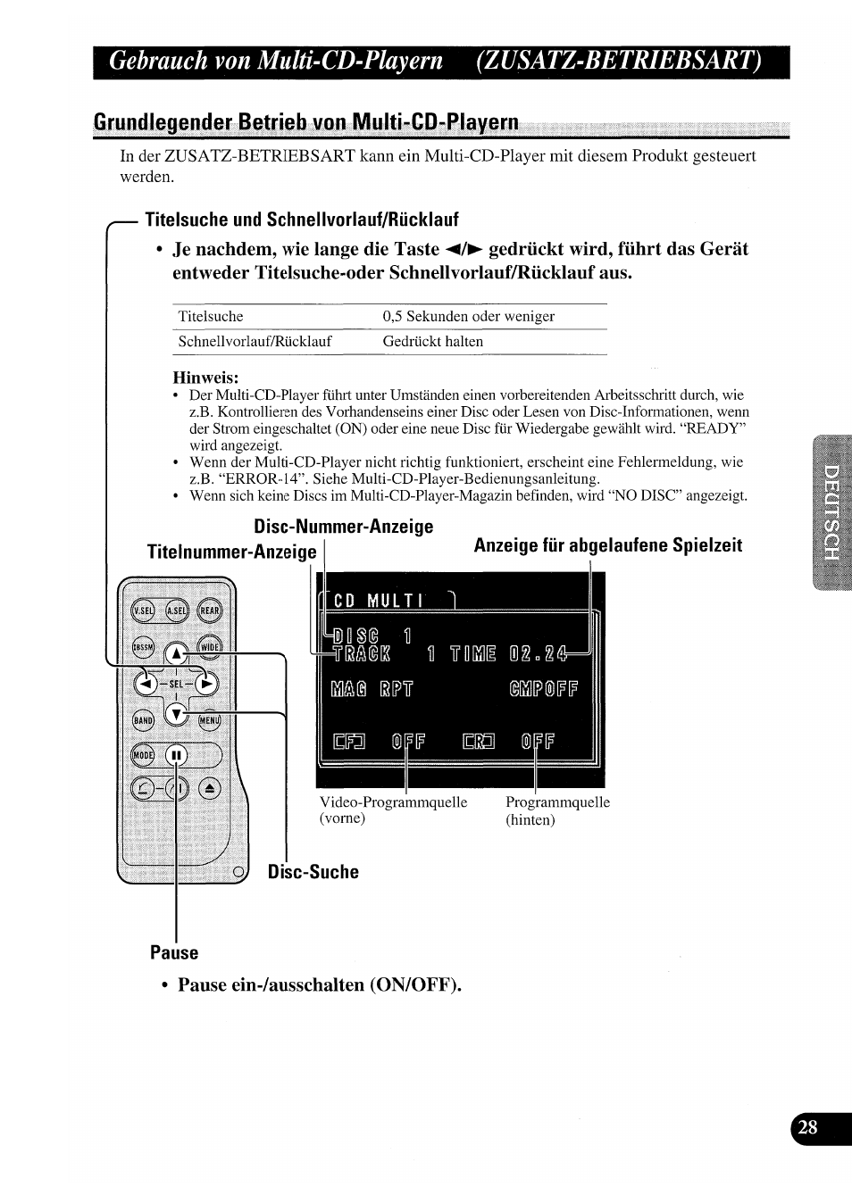 Grundlegender betrieb von multi-cd-playern, Titelsuche und schnellvorlauf/rücklauf, Hinweis | Disc-nummer-anzeige titelnummer-anzeige, Pause, Pause ein-/ausschalten (on/off), Gebrauch von multi-cd-playern (zusatz-betriebsart) | Pioneer GEX-P7000TVP User Manual | Page 105 / 116