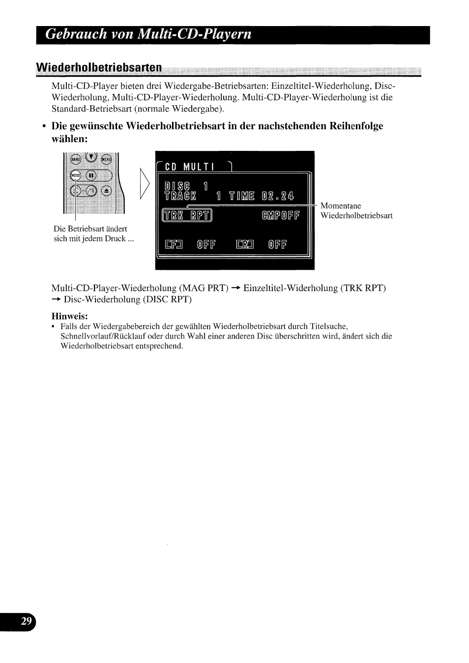 Wiederholbetriebsarten, Hinweis, Gebrauch von multi-cd-playern | Pioneer GEX-P7000TVP User Manual | Page 106 / 116