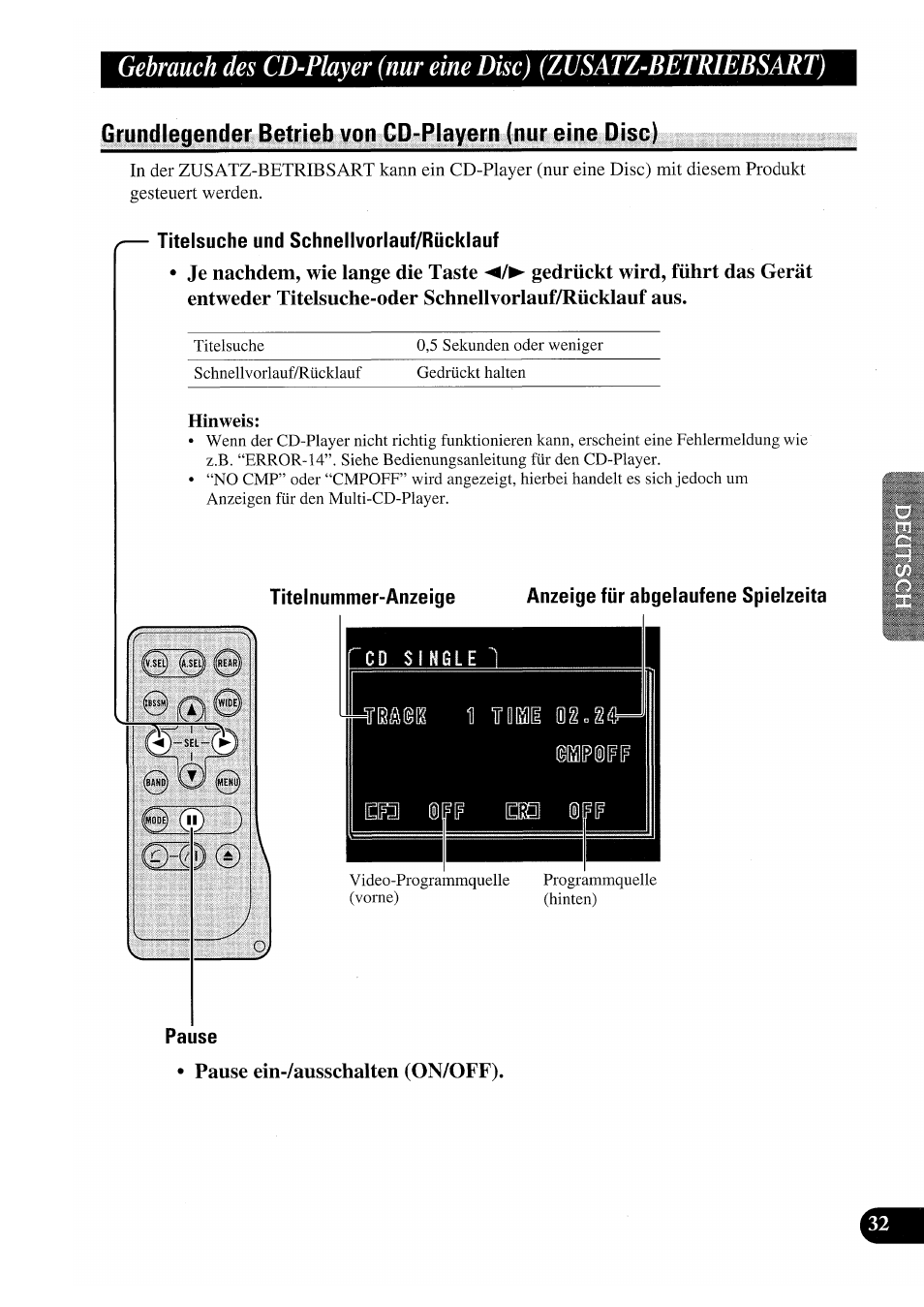 Titelsuche und schnellvorlauf/rücklauf, Titelnummer-anzeige, Pause | Pause ein-/ausschalten (on/off), Es eb ®flf | Pioneer GEX-P7000TVP User Manual | Page 109 / 116