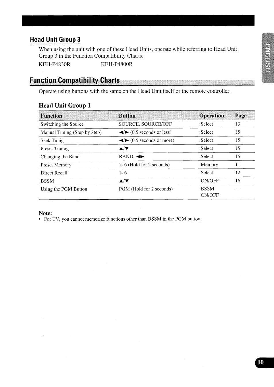 Head unit group 3, Function compatibility charts, Note | Pioneer GEX-P7000TVP User Manual | Page 11 / 116