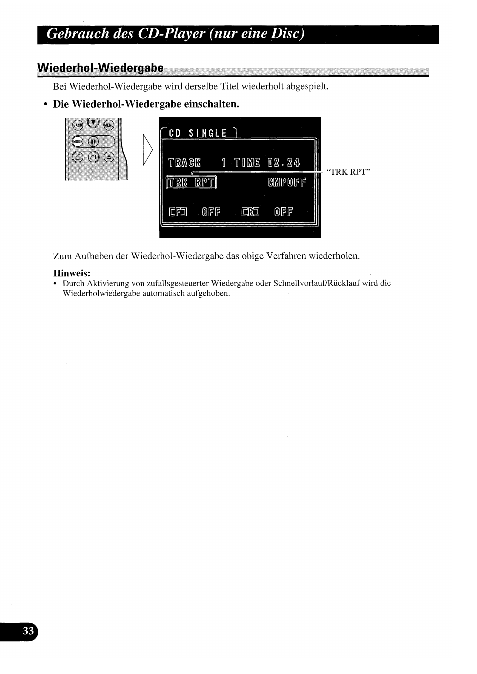 Wiederhol-wiedergabe, Die wiederhol-wiedergabe einschalten, Gebrauch des cd-player (nur eine disc) | Pioneer GEX-P7000TVP User Manual | Page 110 / 116