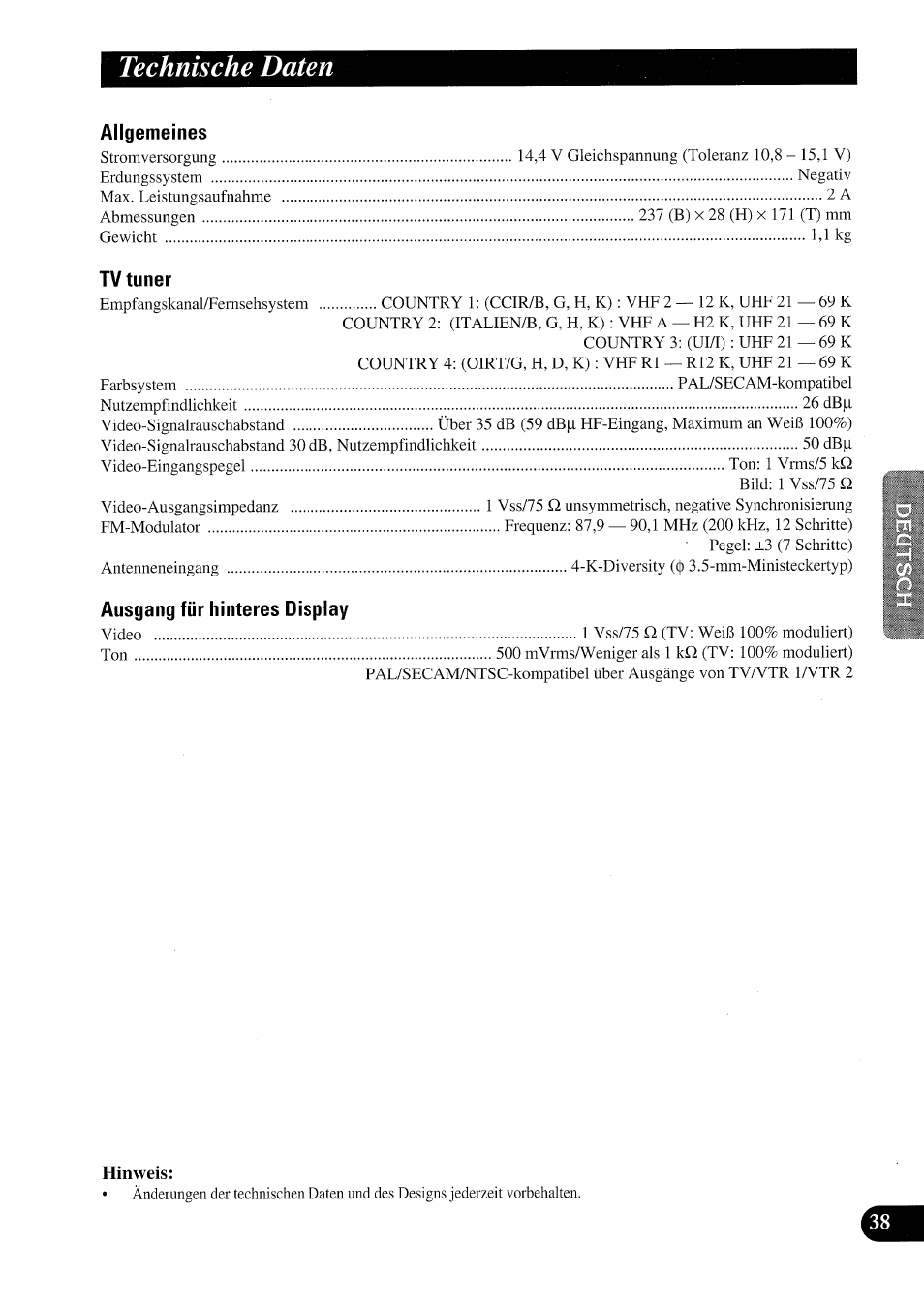Technische daten, Allgemeines, Tv tuner | Ausgang für hinteres display, Hinweis | Pioneer GEX-P7000TVP User Manual | Page 115 / 116