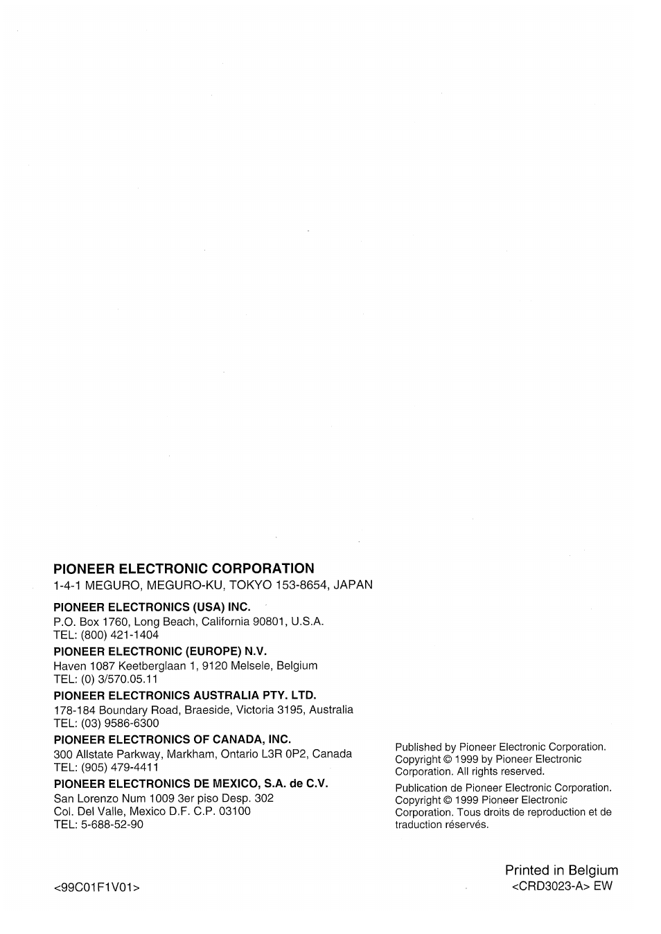 Printed in belgium, Pioneer electronic corporation | Pioneer GEX-P7000TVP User Manual | Page 116 / 116