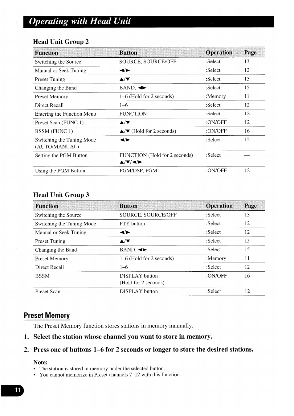 Operating with head unit, Head unit group 2, Preset memory | Note, Head unit group 2 function button operation page, Head unit group 3 function button operation page | Pioneer GEX-P7000TVP User Manual | Page 12 / 116