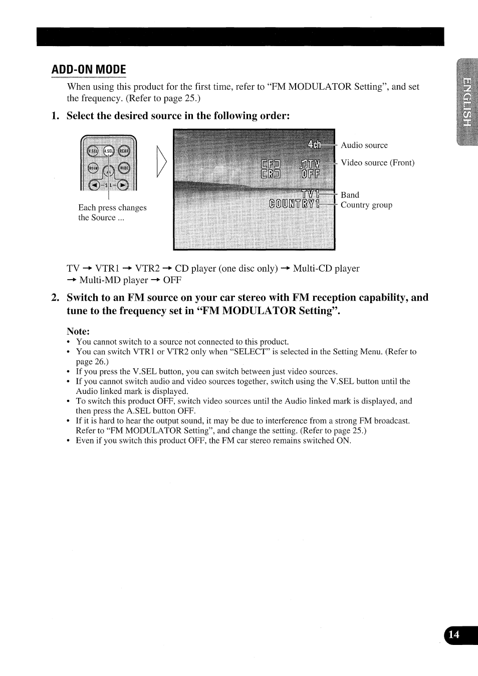 Add-on mode, Select the desired source in the following order, Note | Add-on mode) | Pioneer GEX-P7000TVP User Manual | Page 15 / 116