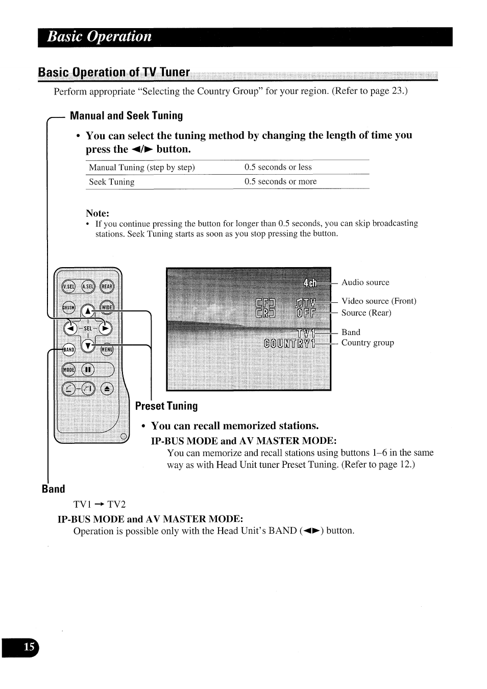 Basic operation of tv tuner, Manual and seek tuning, Preset tuning | You can recall memorized stations, Ip-bus mode and av master mode, Basic operation | Pioneer GEX-P7000TVP User Manual | Page 16 / 116