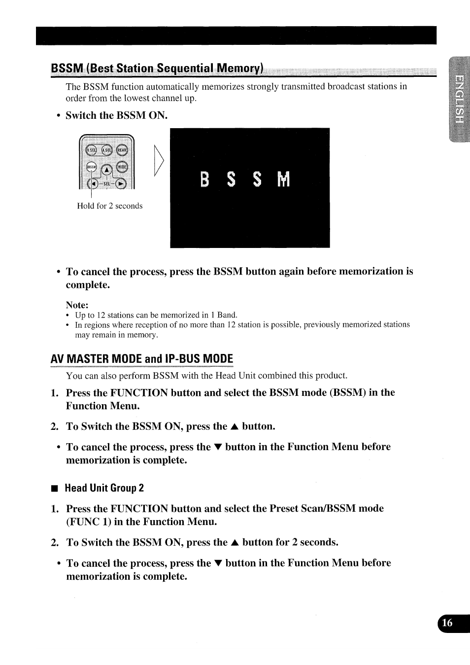 Bssm (best station sequential memory), Av master mode and ip-bus mode, Head unit group 2 | Pioneer GEX-P7000TVP User Manual | Page 17 / 116