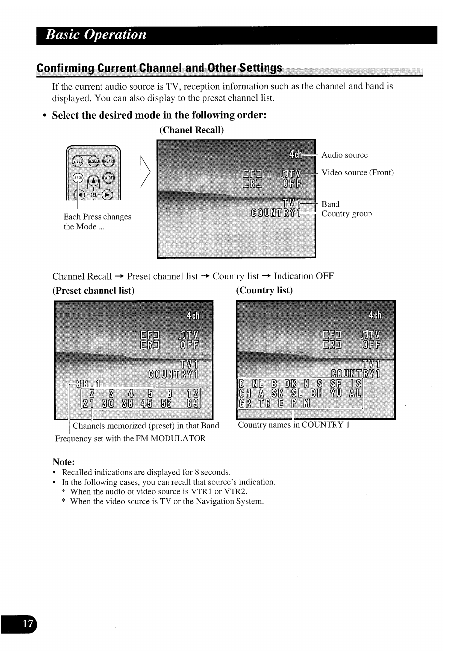 Confirming current channel and other settings, Note, Basic operation | A a 8e 8l ica m an | Pioneer GEX-P7000TVP User Manual | Page 18 / 116