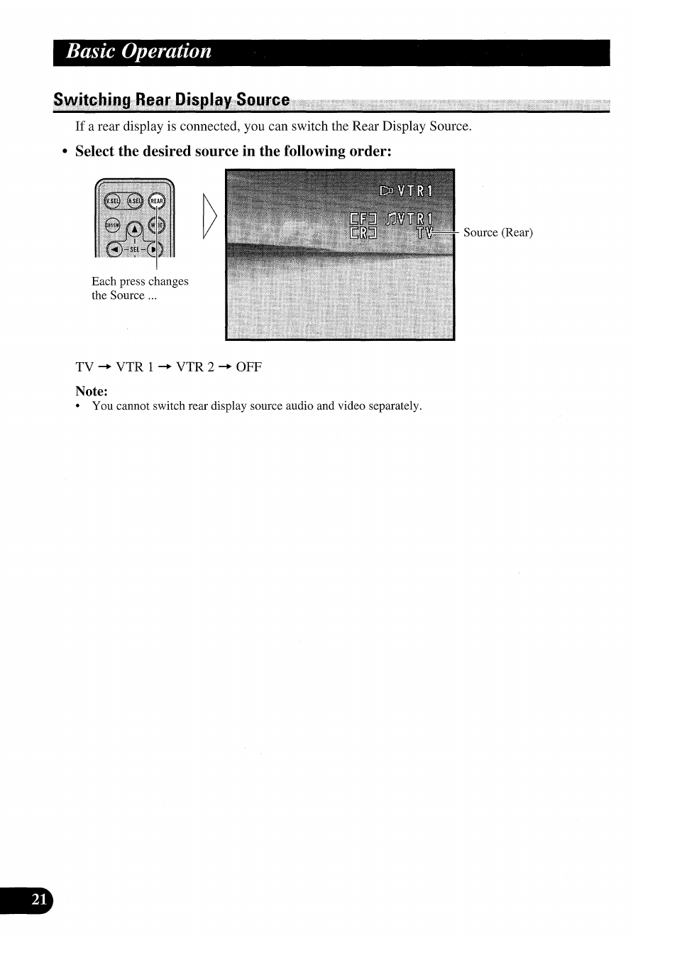 Switching rear display source, Select the desired source in the following order, Switehing rear display source | Basic operation | Pioneer GEX-P7000TVP User Manual | Page 22 / 116