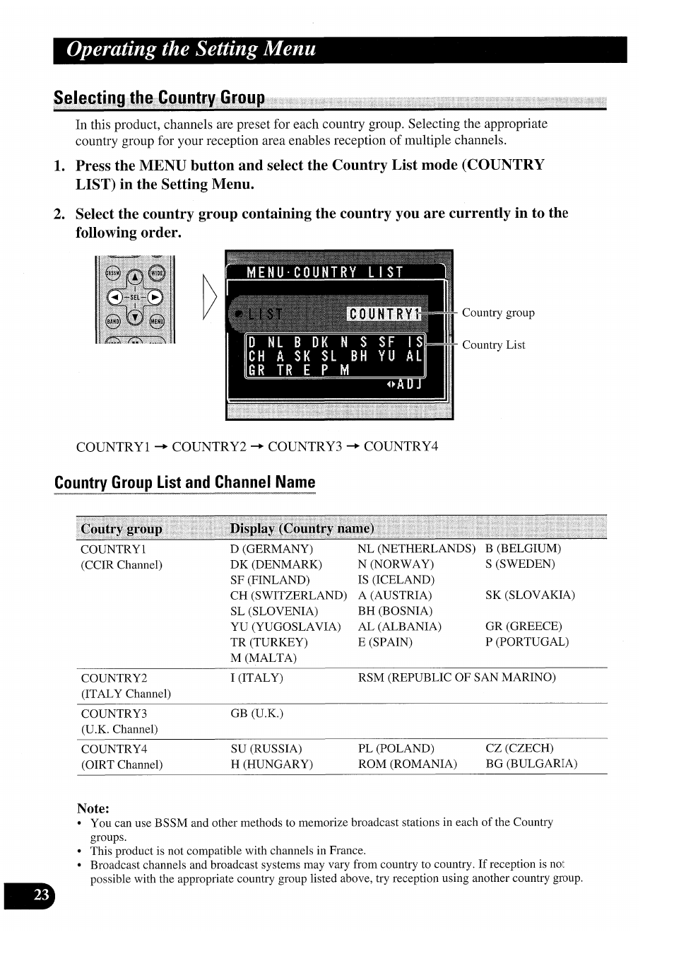 Selecting the country group, Country group list and channel name, Note | Operating the setting menu | Pioneer GEX-P7000TVP User Manual | Page 24 / 116