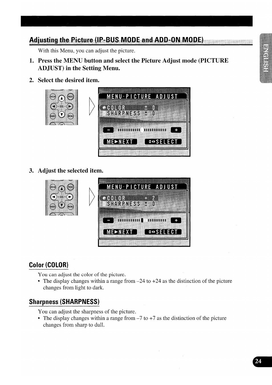 Select the desired item, Adjust the selected item, Color (color) | Sharpness (sharpness) | Pioneer GEX-P7000TVP User Manual | Page 25 / 116