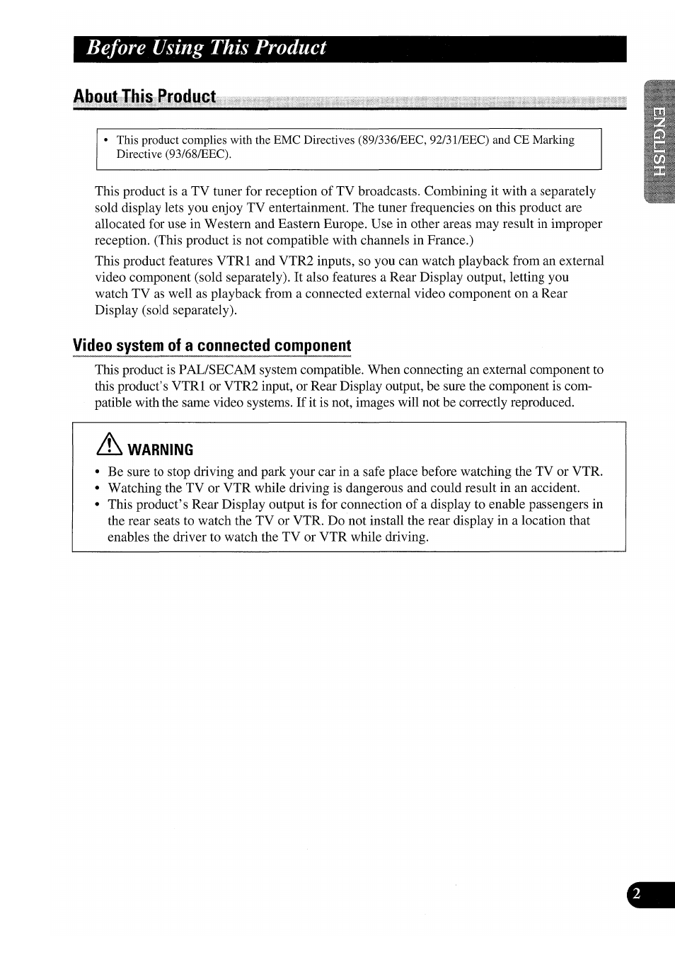 About this product, Video system of a connected component, Warning | Before using this product | Pioneer GEX-P7000TVP User Manual | Page 3 / 116