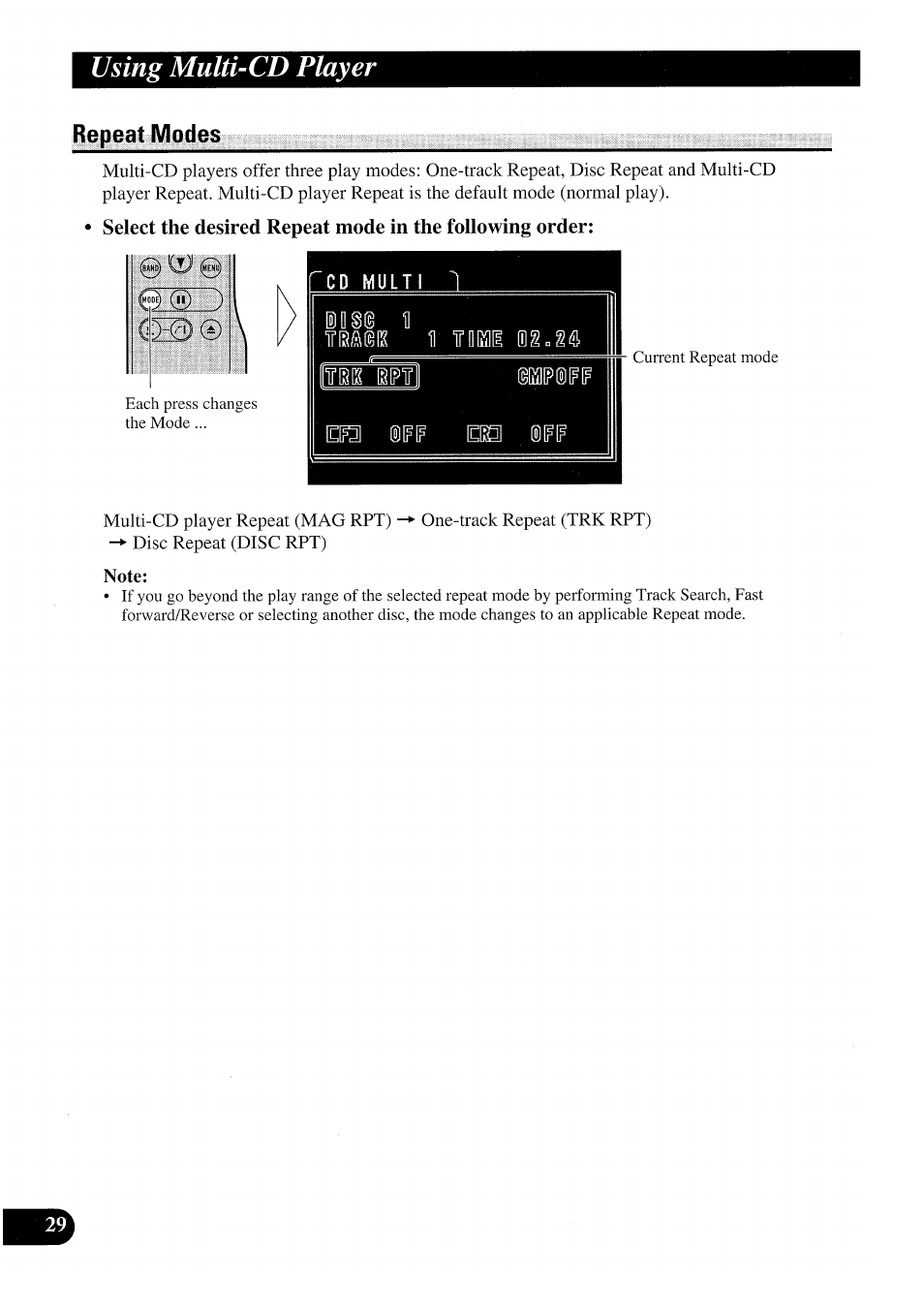 Using multi-cd player, Repeat modes, Note | Pioneer GEX-P7000TVP User Manual | Page 30 / 116