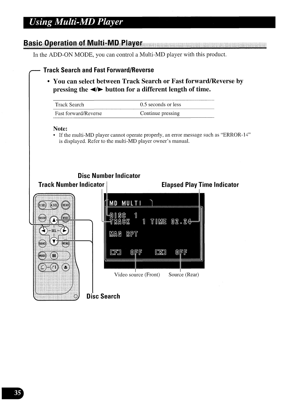 Using multi-md player, Basic operation of multi-md player, Track search and fast forward/reverse | Disc number indicator track number indicator i, Md multi 1, Disc search, Basic operation of multi-cd player, Io§i i, Ifi® ept | Pioneer GEX-P7000TVP User Manual | Page 36 / 116