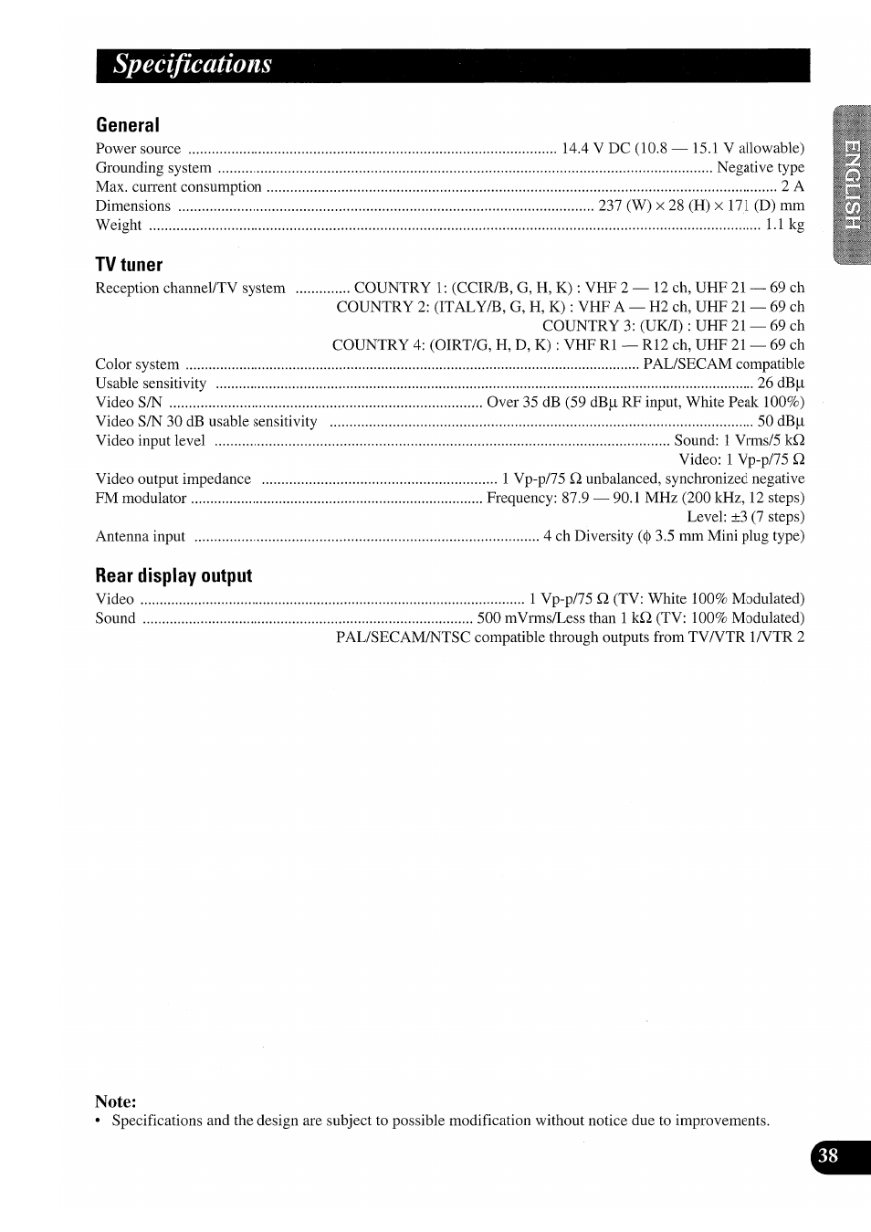 Specifications, General, Tv tuner | Rear display output, Note | Pioneer GEX-P7000TVP User Manual | Page 39 / 116