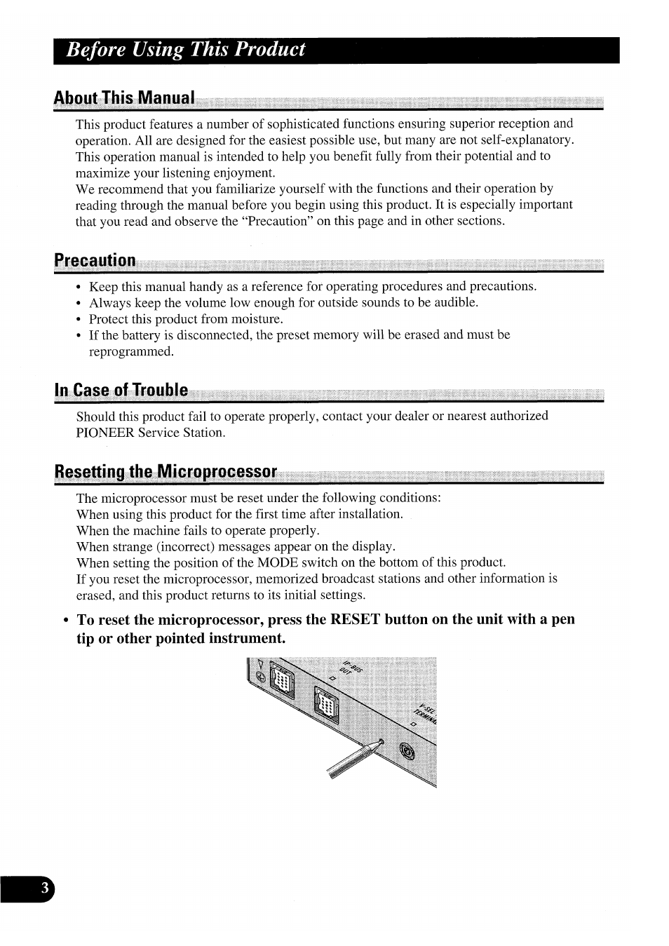 About this manual, Precaution, In case of trouble | Resetting the microprocessor, Before using this product | Pioneer GEX-P7000TVP User Manual | Page 4 / 116