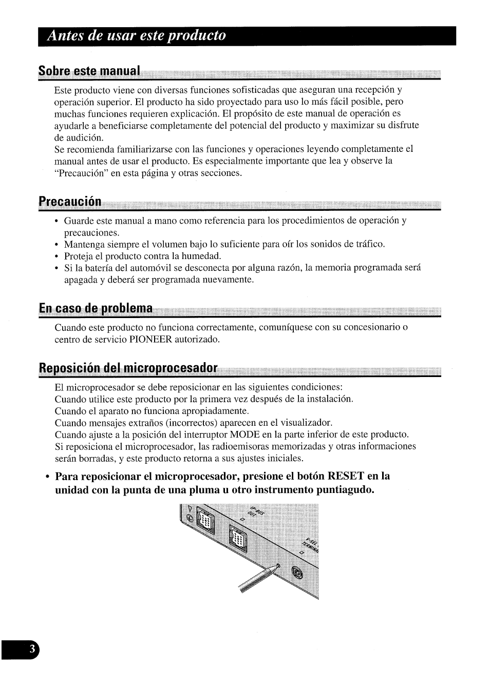 Sobre este manual, Precaución, En caso de problema | Reposición del microprocesador, Antes de usar este producto | Pioneer GEX-P7000TVP User Manual | Page 42 / 116
