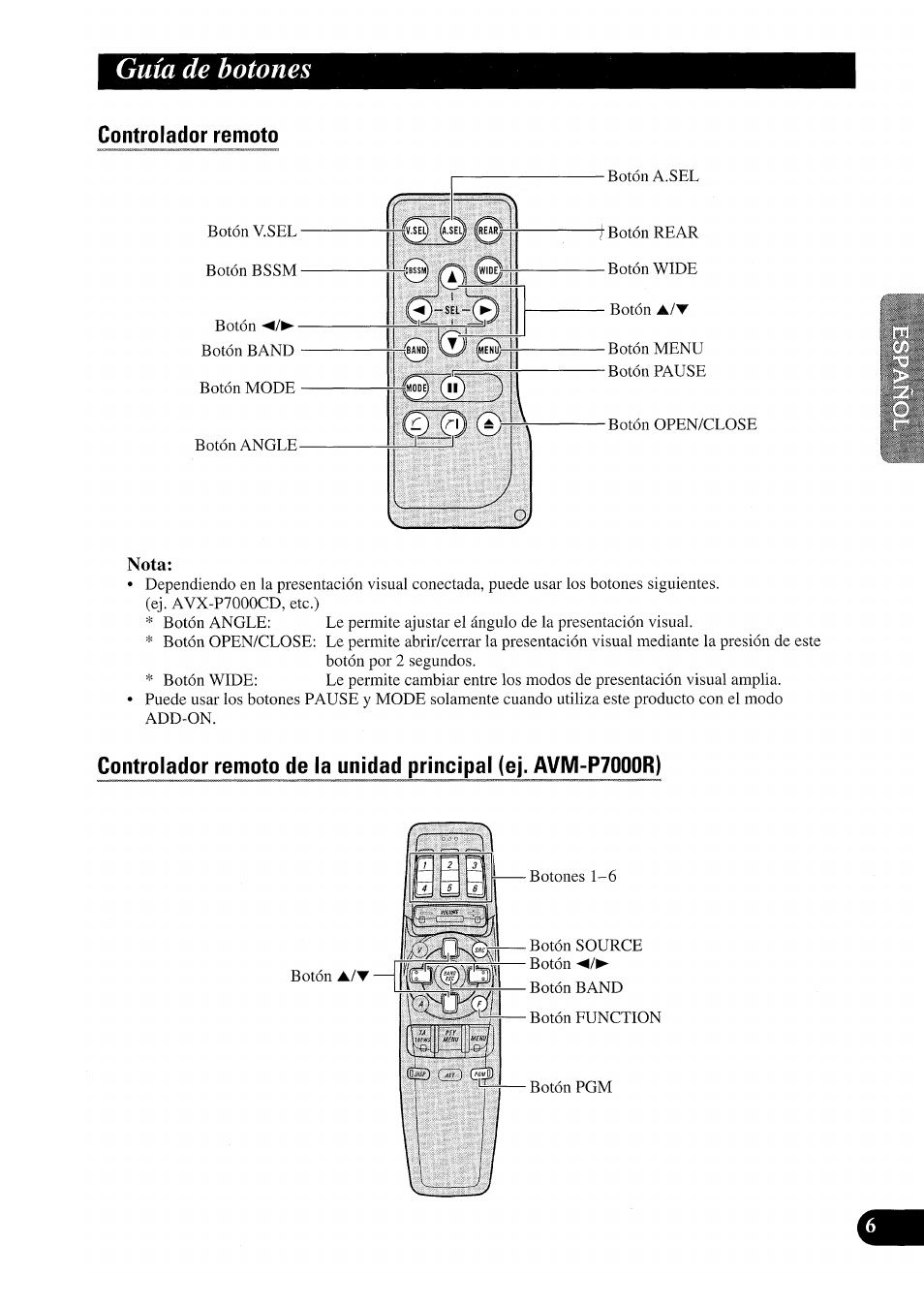 Guía de botones, Controlador remoto, Nota | Pioneer GEX-P7000TVP User Manual | Page 45 / 116